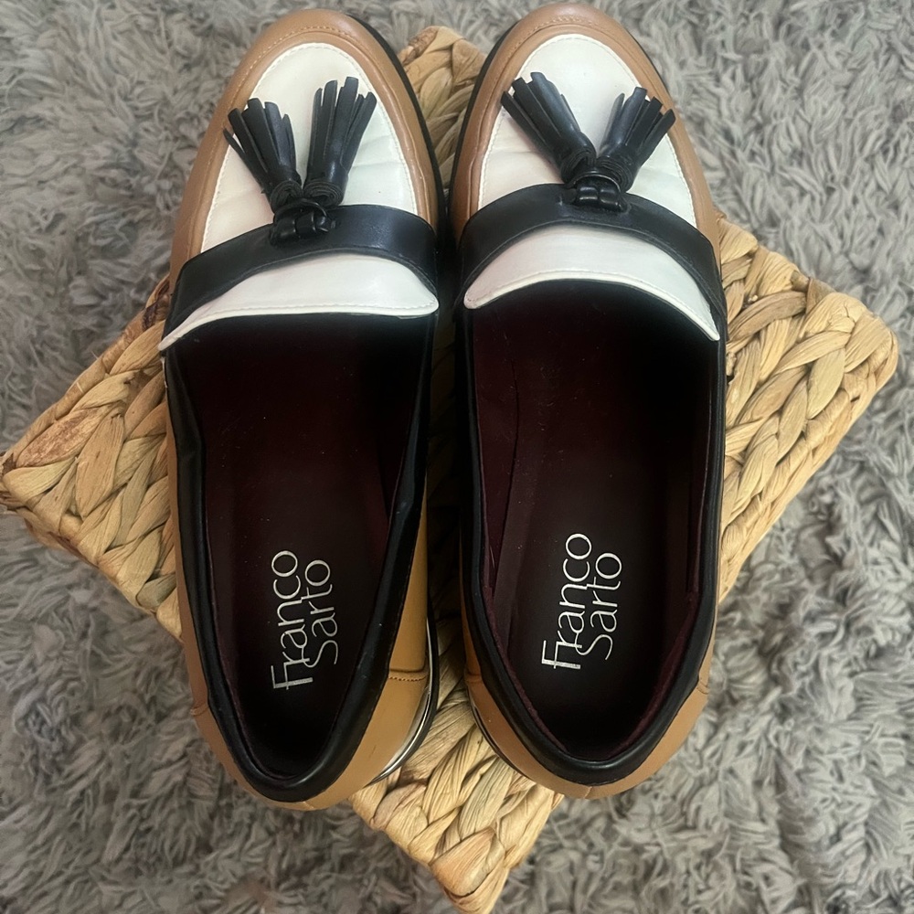 Franco Sarto Two-Tone Tassel Loafers in Black, White & Tan